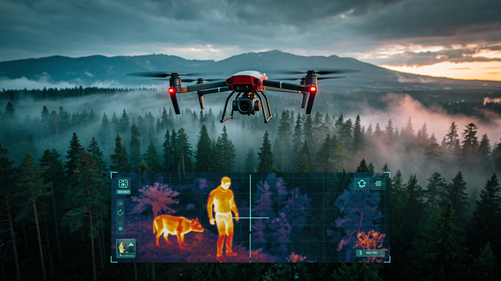 Thermal imaging drone scanning wilderness terrain at dusk