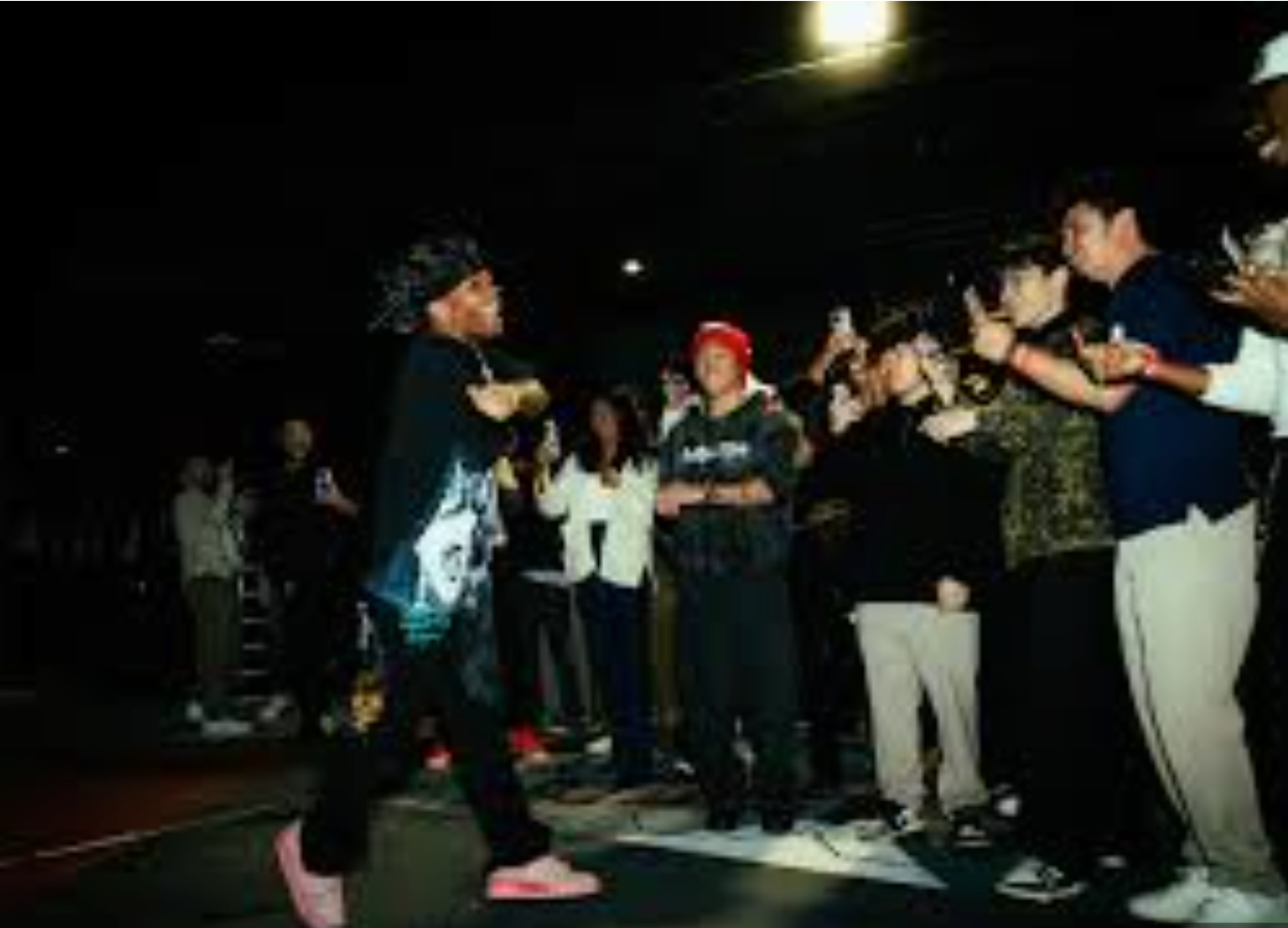 Photograph from d4vd's Withered Album Release Party at the 100 Thieves Compound, early Apr 25, 2025 — d4vd with Aysia, Neo, and record management