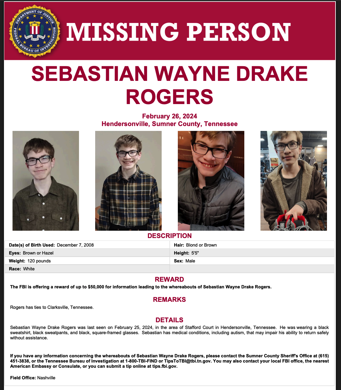 Sebastian Rogers missing person flyer