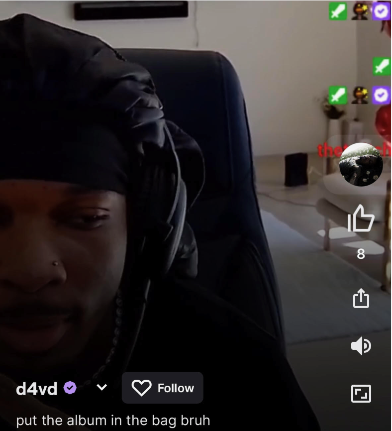 d4vd on Twitch livestream, April 24, 2025, with on-screen caption 'put the album in the bag bruh'